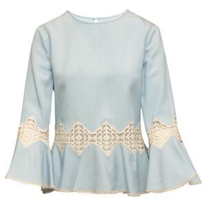 Jonathan Simkhai Light Blue & Cream Bell Sleeve Top